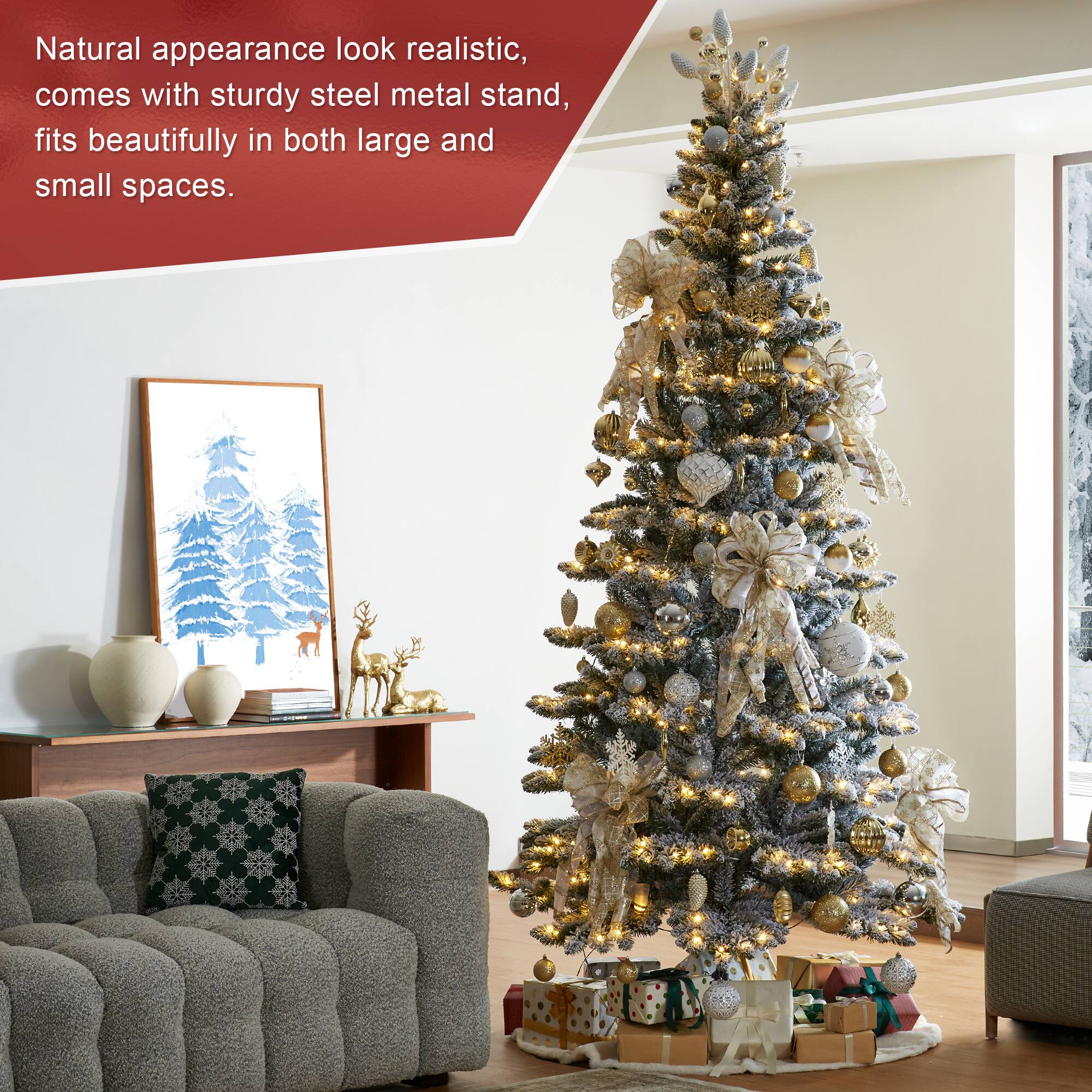9ft. Pre-Lit Flocked Slim Spruce Artificial Christmas Tree, Warm White LED Lights